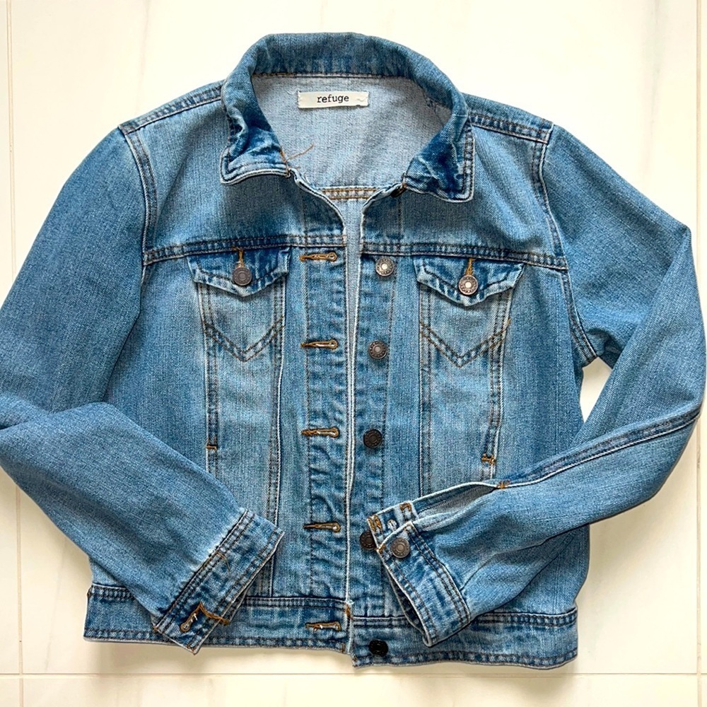 Refuge Medium Blue Denim Burton Front Cropped Jacket Size S - Picture 1 of 6